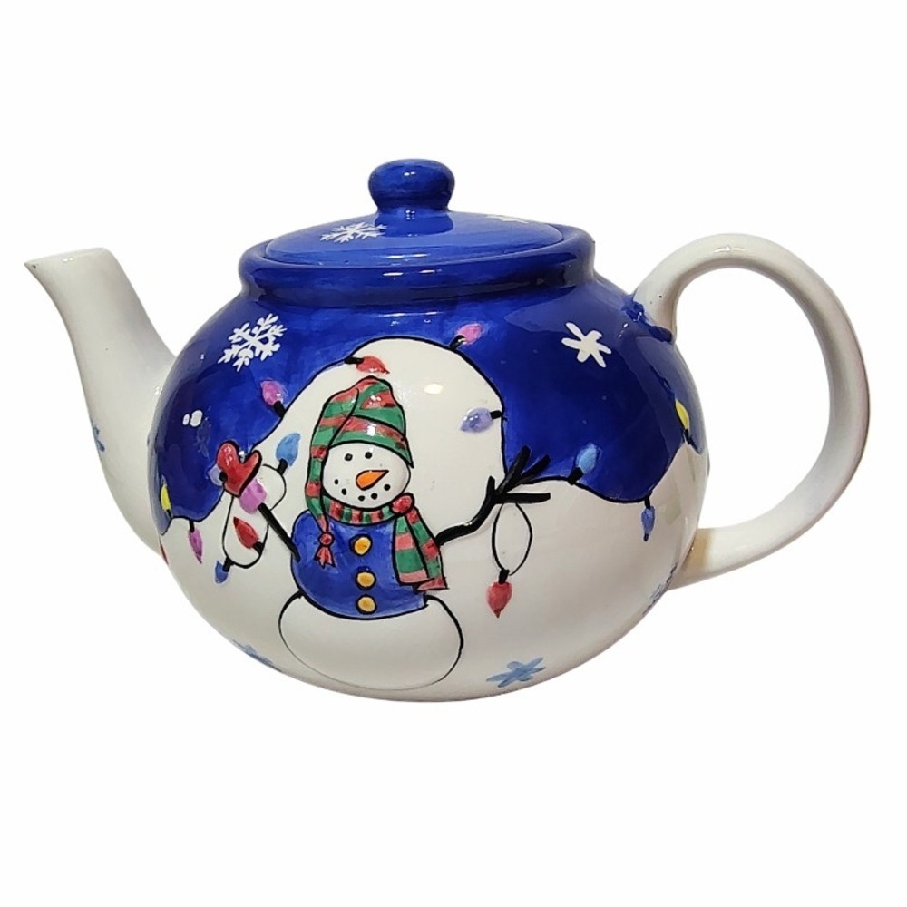 Blue and White Snowman Hand Painted Ceramic Holiday Teapot with Lid Christmas